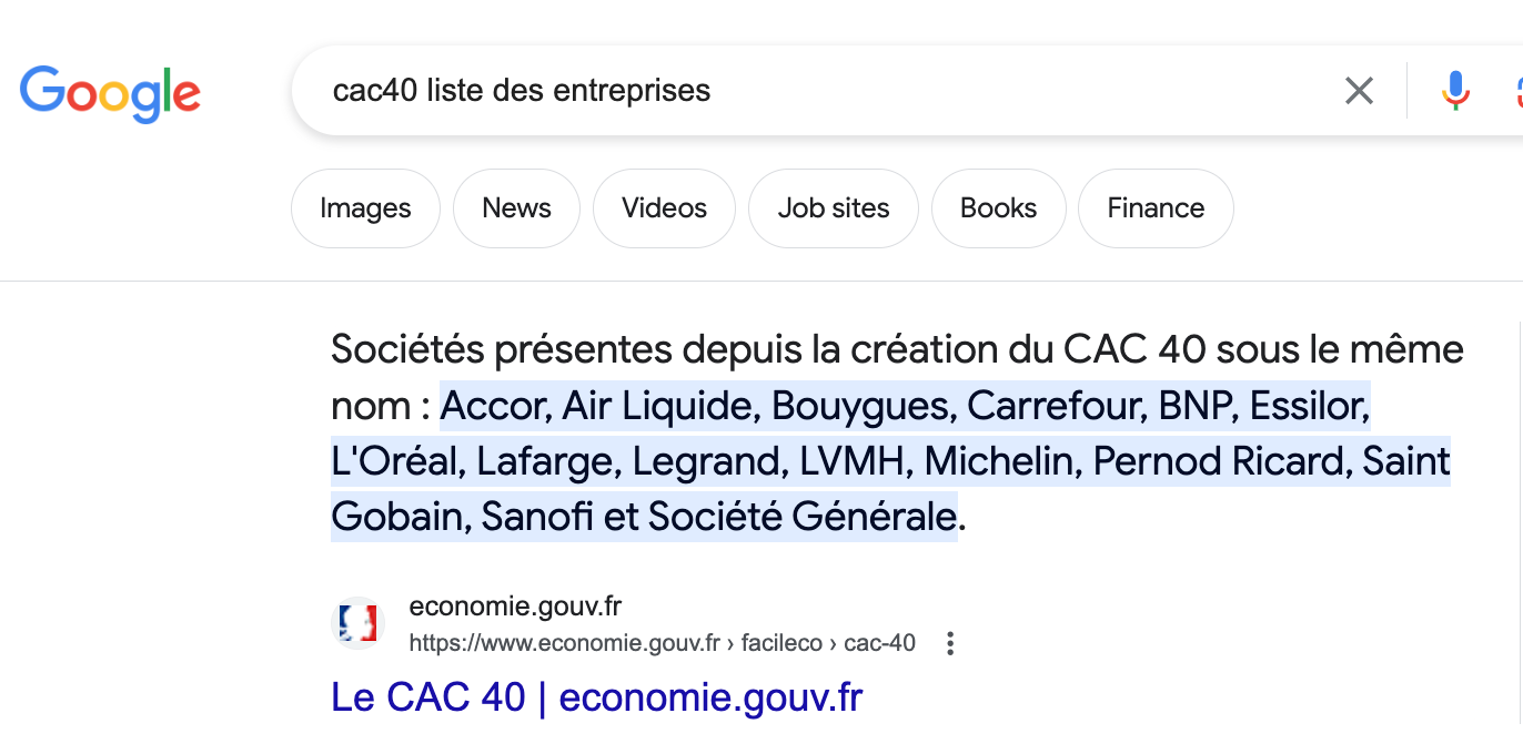 Capture d'écran recherche google cac40 liste des entreprises